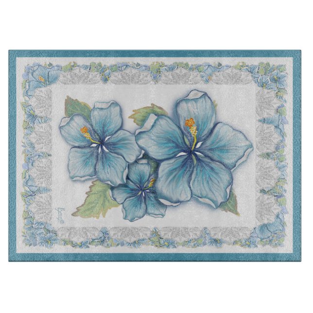 Hibiscus & lace TURQUOISE Cutting Board (Front)