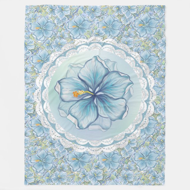 Hibiscus & lace TURQUOISE Fleece Blanket (Front)
