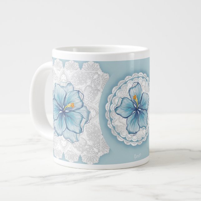 Hibiscus & lace TURQUOISE Giant Coffee Mug (Front Left)