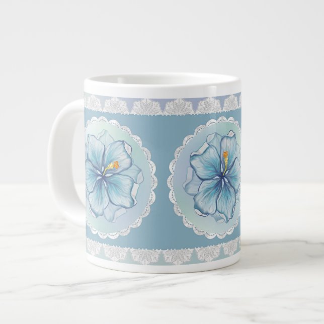 Hibiscus & lace TURQUOISE Giant Coffee Mug (Front Left)