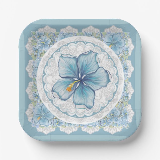 Hibiscus & lace TURQUOISE Paper Plates (Front)