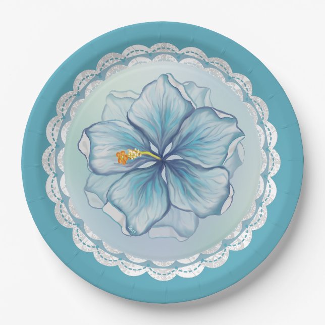 Hibiscus & lace TURQUOISE Paper Plates (Front)