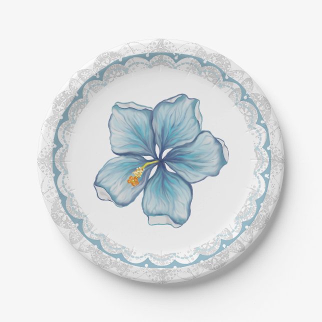 Hibiscus & lace TURQUOISE Paper Plates (Front)