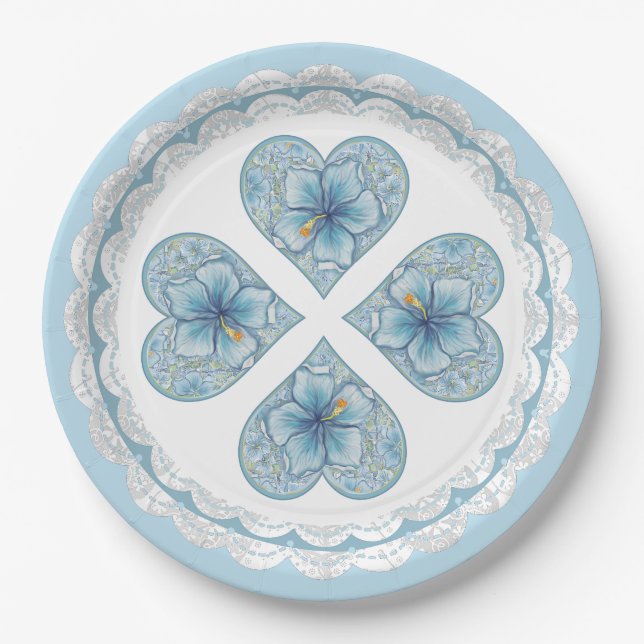 Hibiscus & lace TURQUOISE Paper Plates (Front)