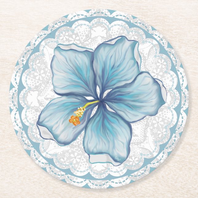 Hibiscus & lace TURQUOISE Round Paper Coaster (Front)