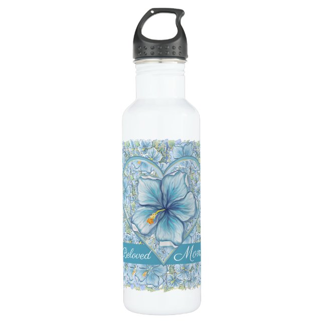 Hibiscus & lace TURQUOISE Stainless Steel Water Bottle (Front)