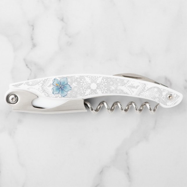 Hibiscus & lace TURQUOISE Waiter's Corkscrew (Front)