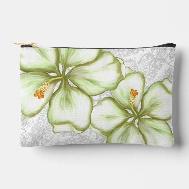 Hibiscus & lace WHITE Accessory Pouch (Front)