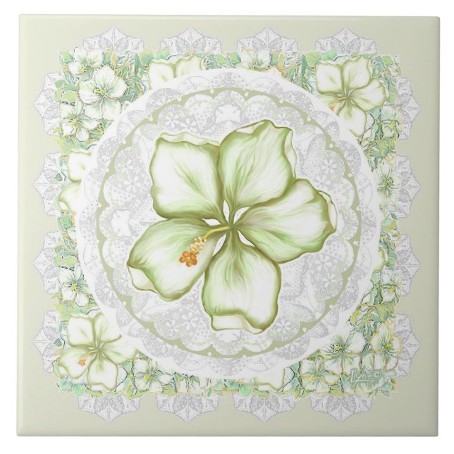 Hibiscus & lace WHITE Ceramic Tile (Front)