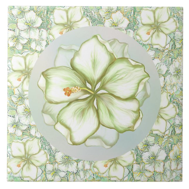 Hibiscus & lace WHITE Ceramic Tile (Front)
