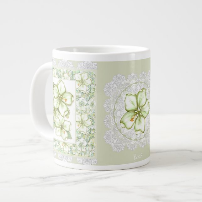 Hibiscus & lace WHITE Giant Coffee Mug (Front Left)
