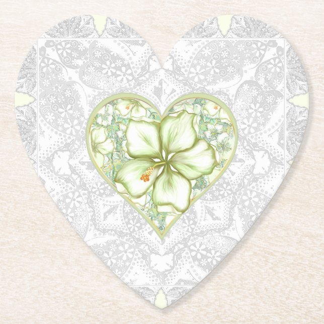Hibiscus & lace WHITE Paper Coaster (Front)