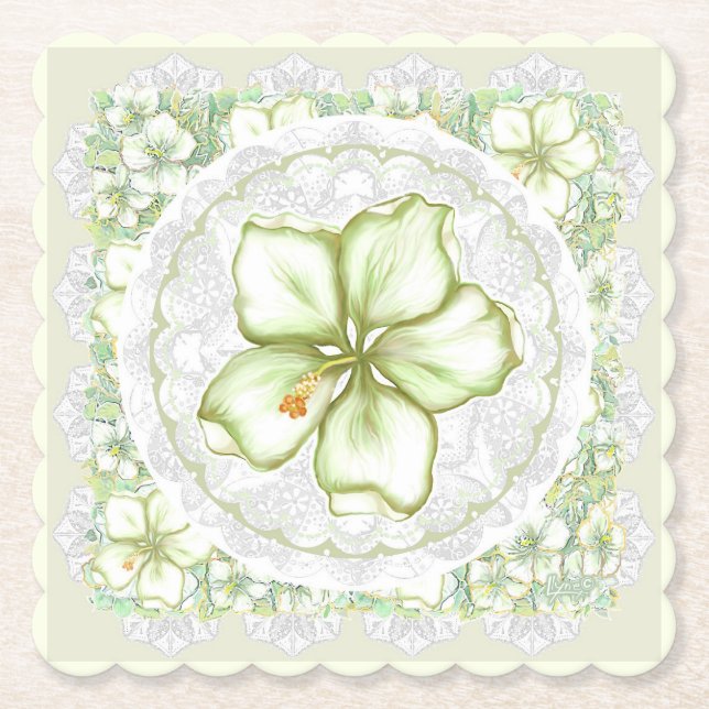 Hibiscus & lace WHITE Paper Coaster (Front)