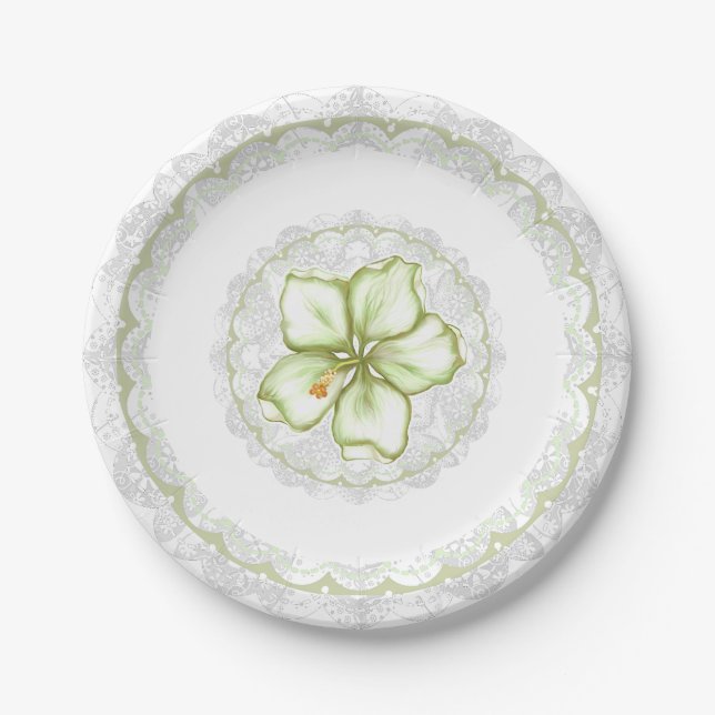 Hibiscus & lace WHITE Paper Plates (Front)