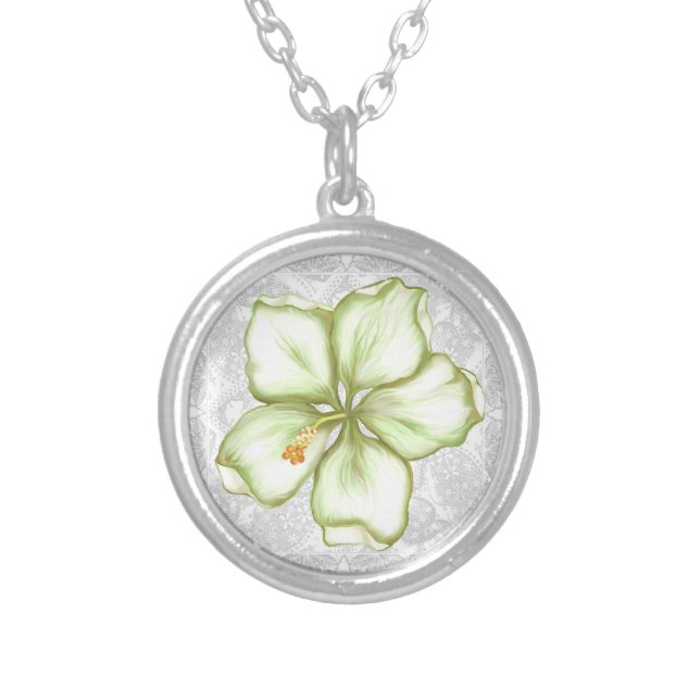 Hibiscus & lace WHITE Silver Plated Necklace (Front)