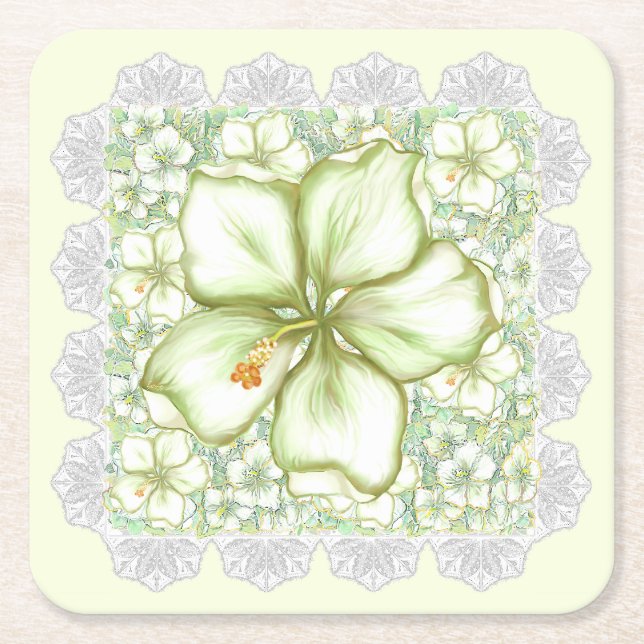Hibiscus & lace WHITE Square Paper Coaster (Front)