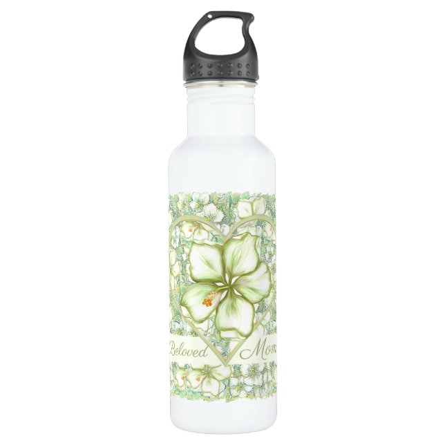 Hibiscus & lace WHITE Stainless Steel Water Bottle (Front)