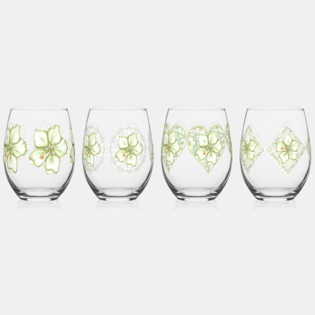 Hibiscus & lace WHITE Stemless Wine Glass (Front)