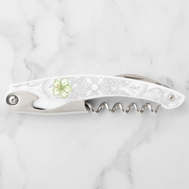 Hibiscus & lace WHITE Waiter's Corkscrew (Front)