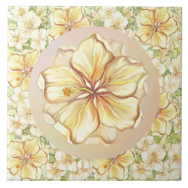 Hibiscus & lace YELLOW Ceramic Tile (Front)