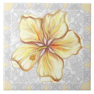 Hibiscus & lace YELLOW Ceramic Tile