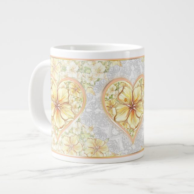 Hibiscus & lace YELLOW Giant Coffee Mug (Front Left)