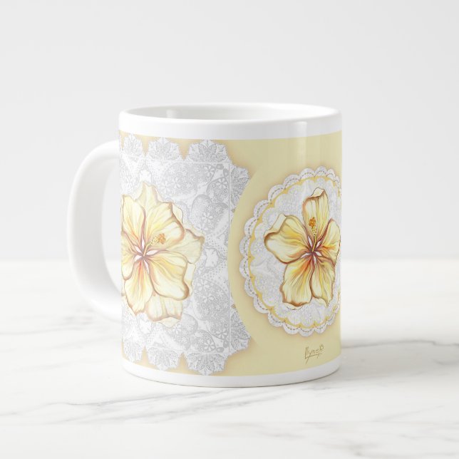 Hibiscus & lace YELLOW Giant Coffee Mug (Front Left)