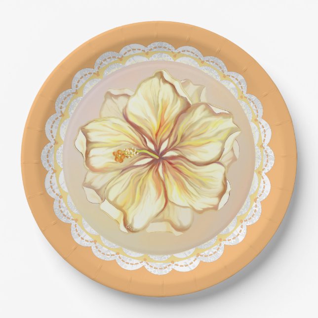 Hibiscus & lace YELLOW Paper Plates (Front)