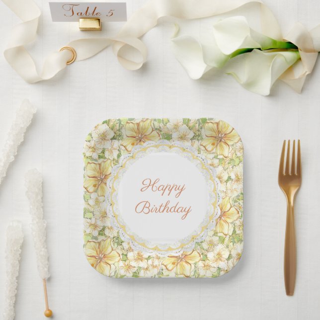 Hibiscus & lace YELLOW Paper Plates (Wedding)