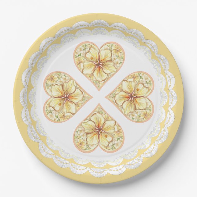 Hibiscus & lace YELLOW Paper Plates (Front)