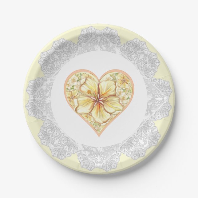 Hibiscus & lace YELLOW Paper Plates (Front)