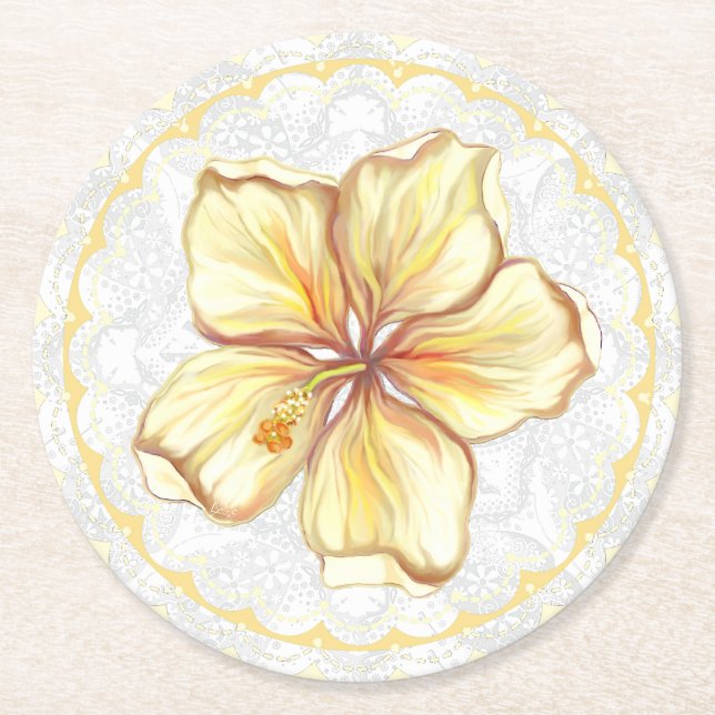 Hibiscus & lace YELLOW Round Paper Coaster (Front)