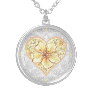 Hibiscus & lace YELLOW Silver Plated Necklace