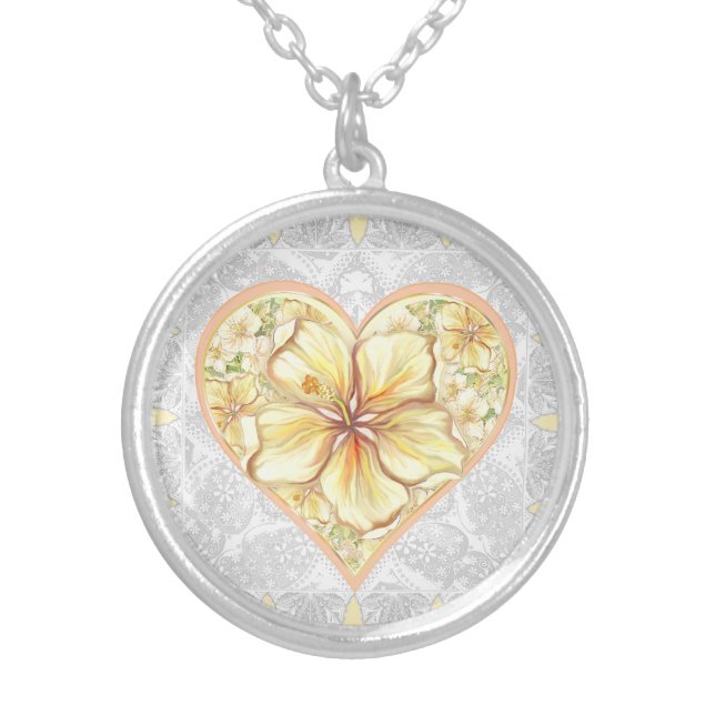 Hibiscus & lace YELLOW Silver Plated Necklace (Front)