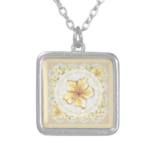 Hibiscus & lace YELLOW Silver Plated Necklace