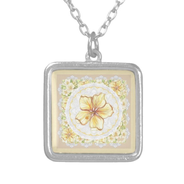 Hibiscus & lace YELLOW Silver Plated Necklace (Front)