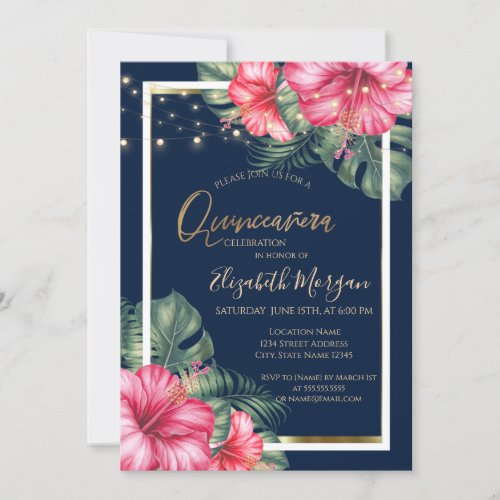 Hibiscus Lights Wood Frame Quinceanera Invitation