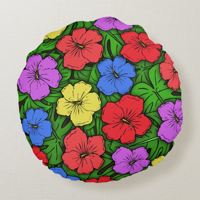 Hibiscus & Monstera #4 Round Pillow (Back)