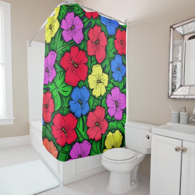 Hibiscus & Monstera #4 Shower Curtain (In Situ)