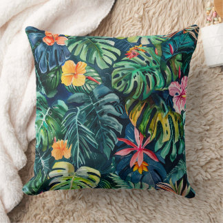 Hibiscus Monstera Jungle Throw Pillow