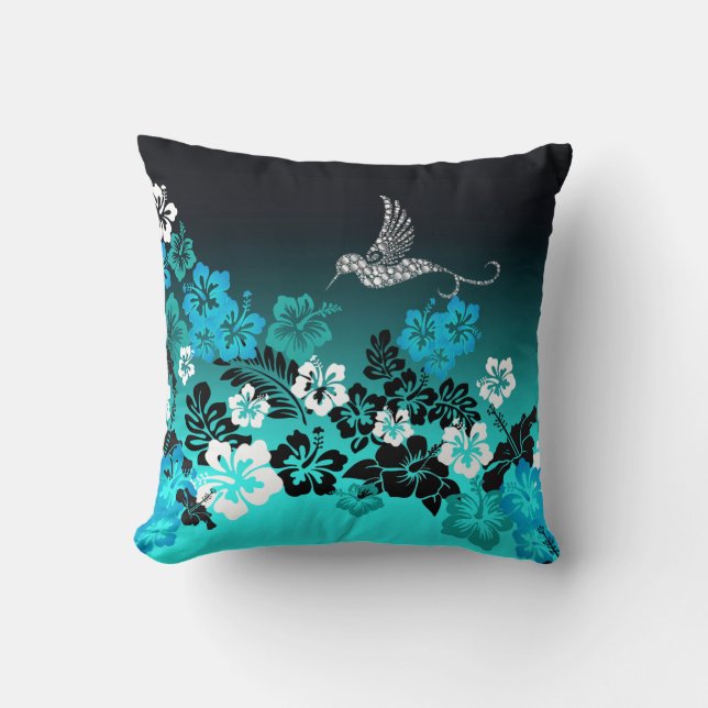 Hibiscus on Turquoise with Hummingbird  Compact Mi Throw Pillow (Front)