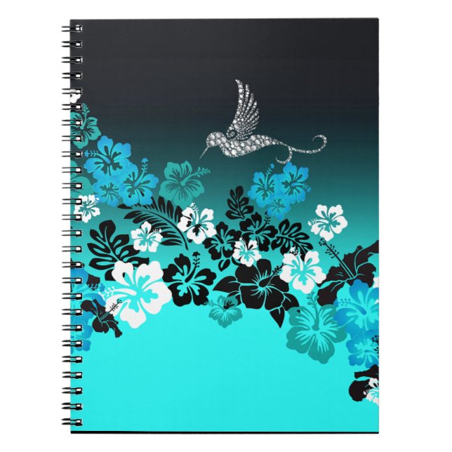 Hibiscus on Turquoise with Hummingbird Grocery Bag Notebook (Front)