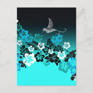 Hibiscus on Turquoise with Hummingbird Postcard