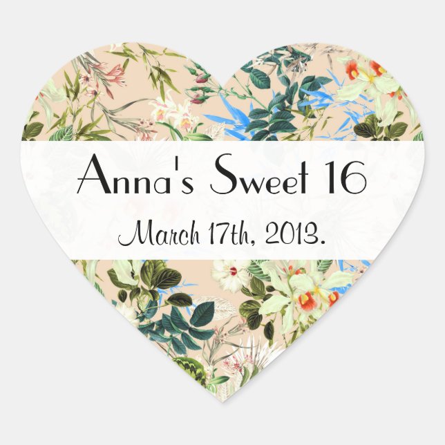 Hibiscus, Orchid, Rosebuds, Flowers, Sweet 16 Heart Sticker (Front)