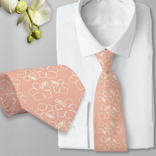 Hibiscus Outline Coral Pink Patterned Tie