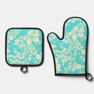  Hibiscus Pareau Distressed Hawaiian Aqua Oven Mitt & Pot Holder Set