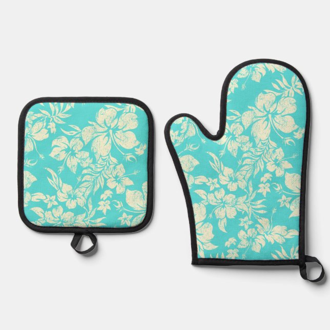  Hibiscus Pareau Distressed Hawaiian Aqua Oven Mitt & Pot Holder Set (Front)