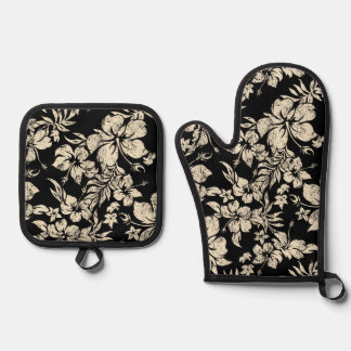  Hibiscus Pareau Distressed Hawaiian Black Oven Mitt & Pot Holder Set