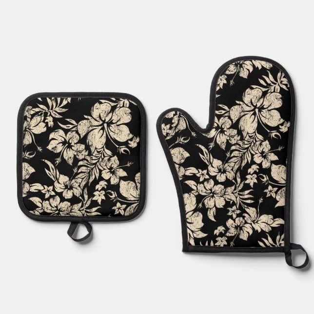  Hibiscus Pareau Distressed Hawaiian Black Oven Mitt & Pot Holder Set (Front)