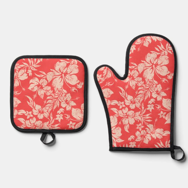  Hibiscus Pareau Distressed Hawaiian Coral Oven Mitt & Pot Holder Set (Front)